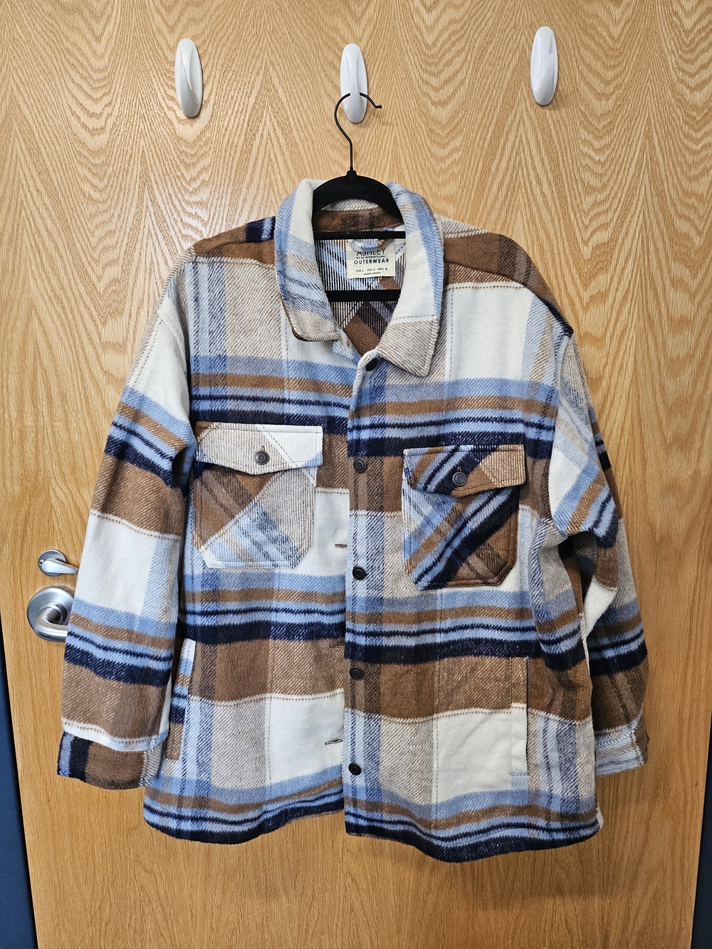 Ashley By 26 International Brown, Blue & Cream Plaid Shacket, Large